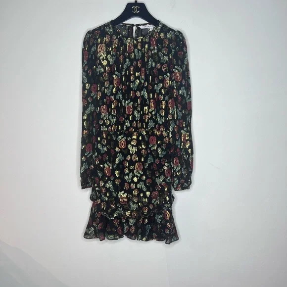 VERONICA BEARD Robin Long Sleeve Metallic Silk Mini Dress Black Floral Sz 2. - Picture 3 of 7